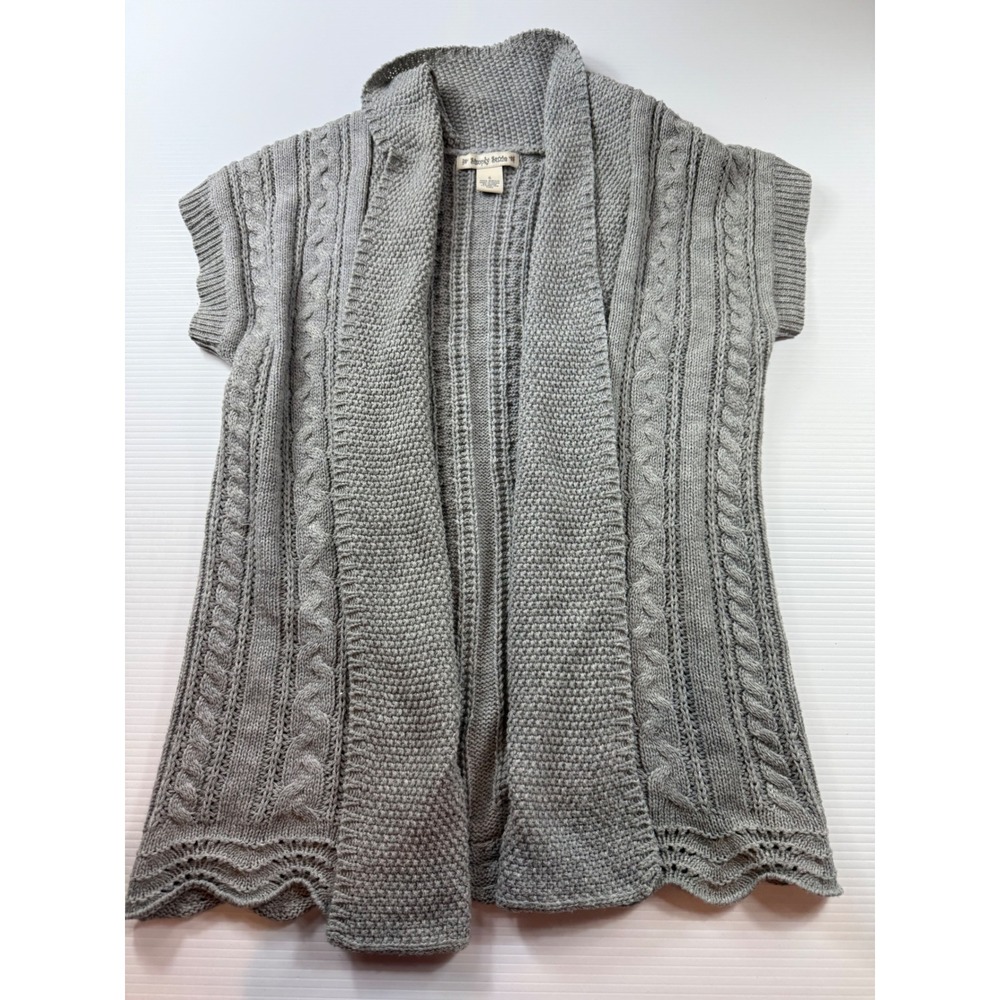 Simply Suzie Gray Cable Knit Open Front Cardigan Vest Scalloped Hem Womens Small